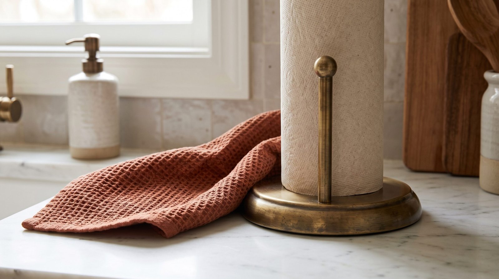 Brushed brass paper towel holder and waffle towels for fall kitchen countertop styling ideas