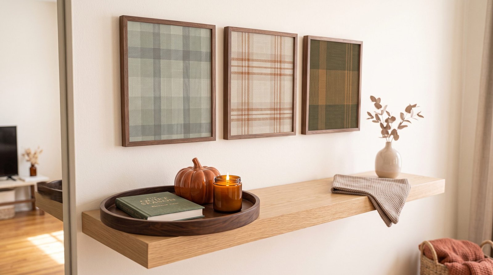 Framed plaid and botanical wall art for pumpkin and plaid living room decor ideas