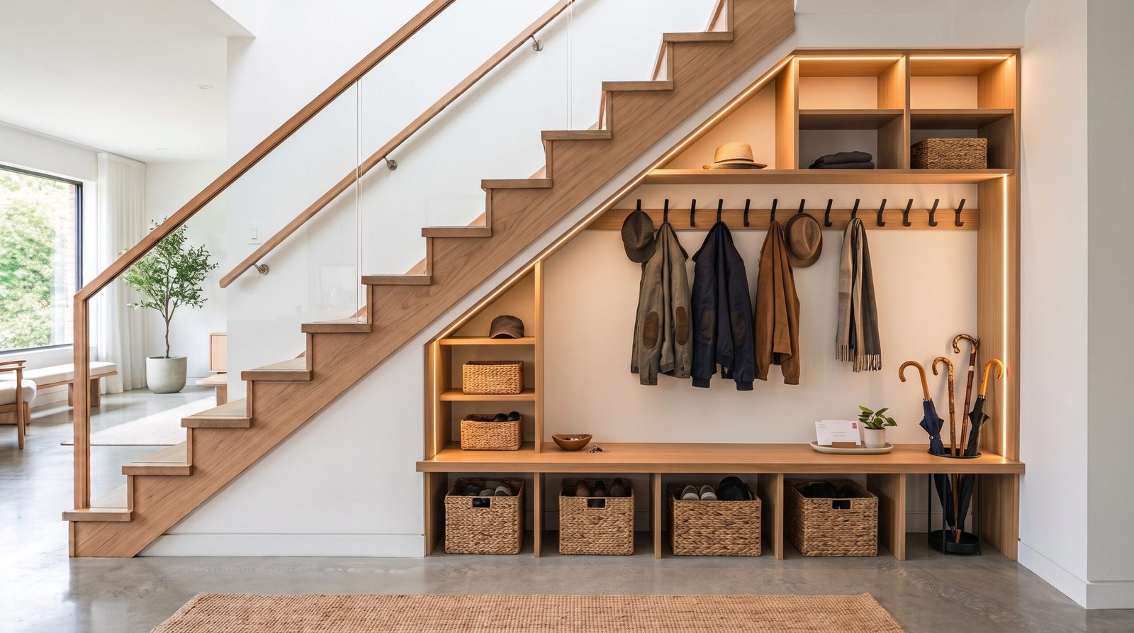 Under stairs entryway drop zone with hooks and baskets for under stairs storage ideas to maximize small spaces