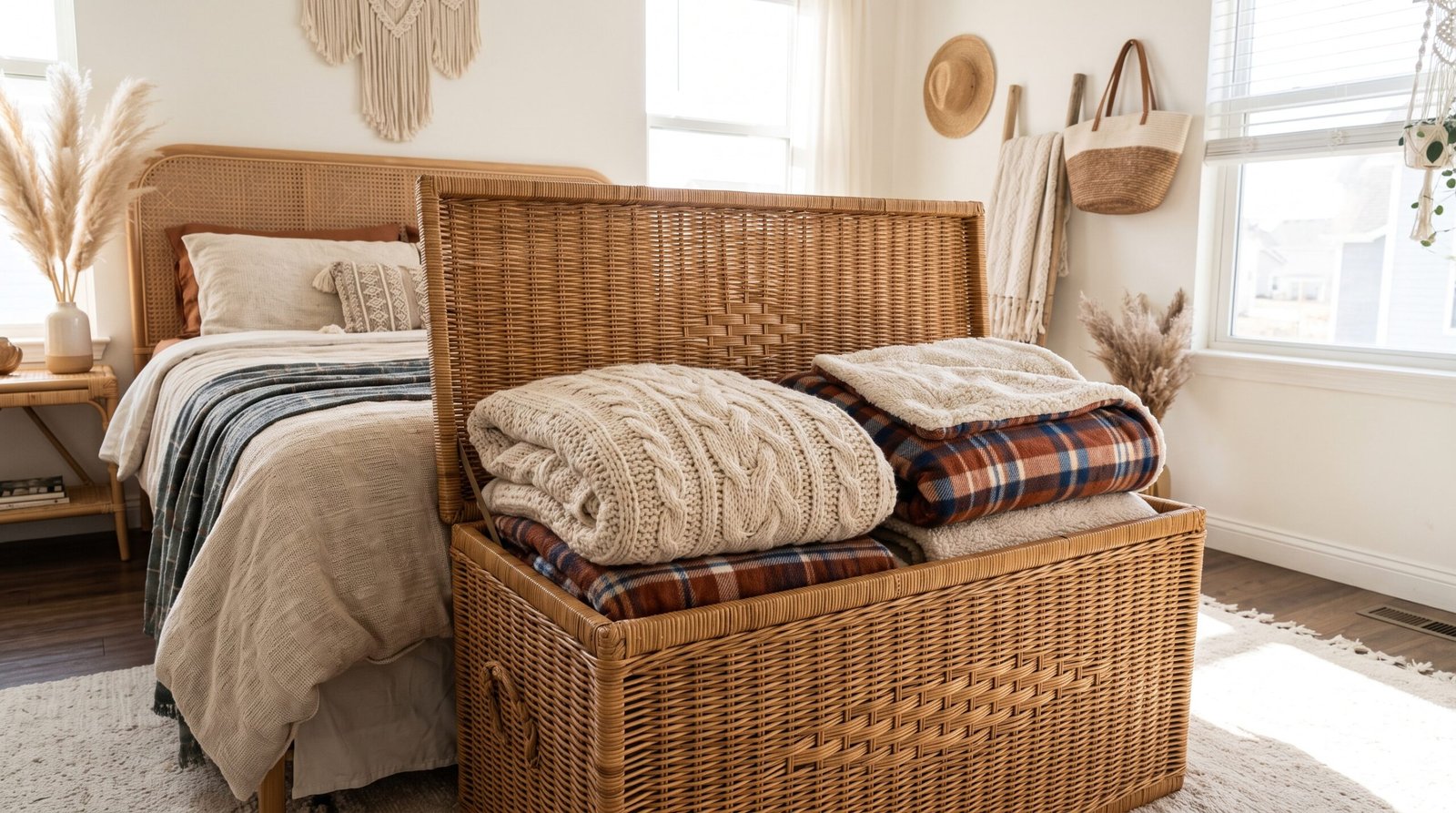 Decorative lidded rattan trunk for blanket and throw pillow storage ideas