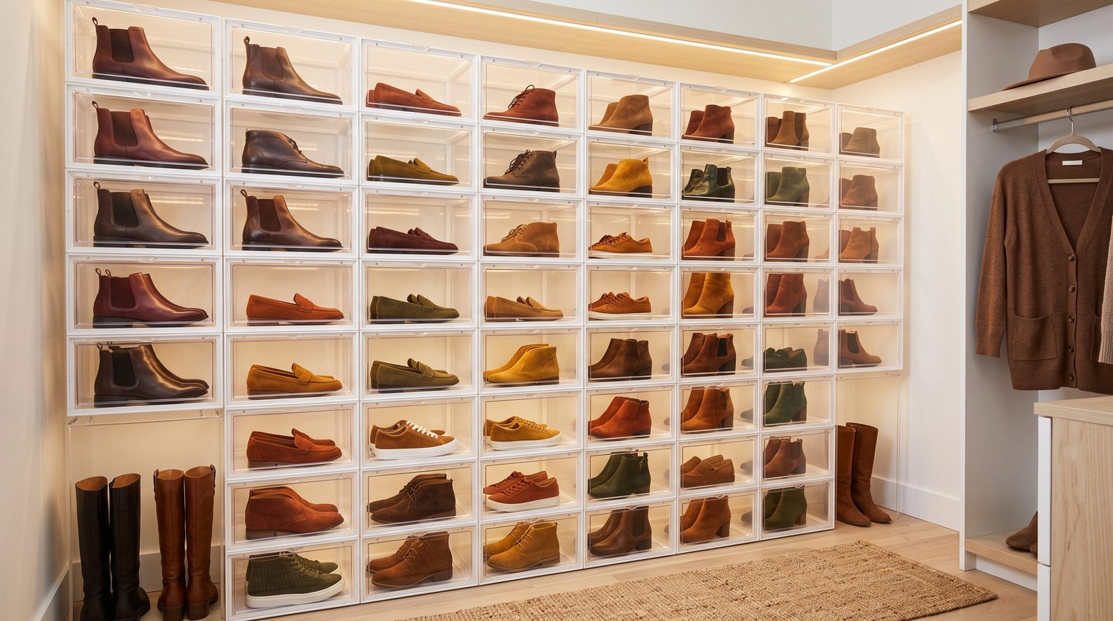 Clear drop front stackable shoe boxes for transition your wardrobe from summer to fall