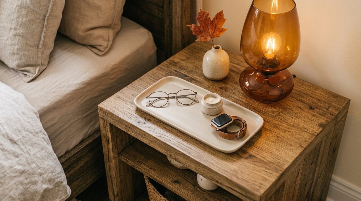 Decorative ceramic catch-all tray on nightstand for cozy bedroom layering ideas