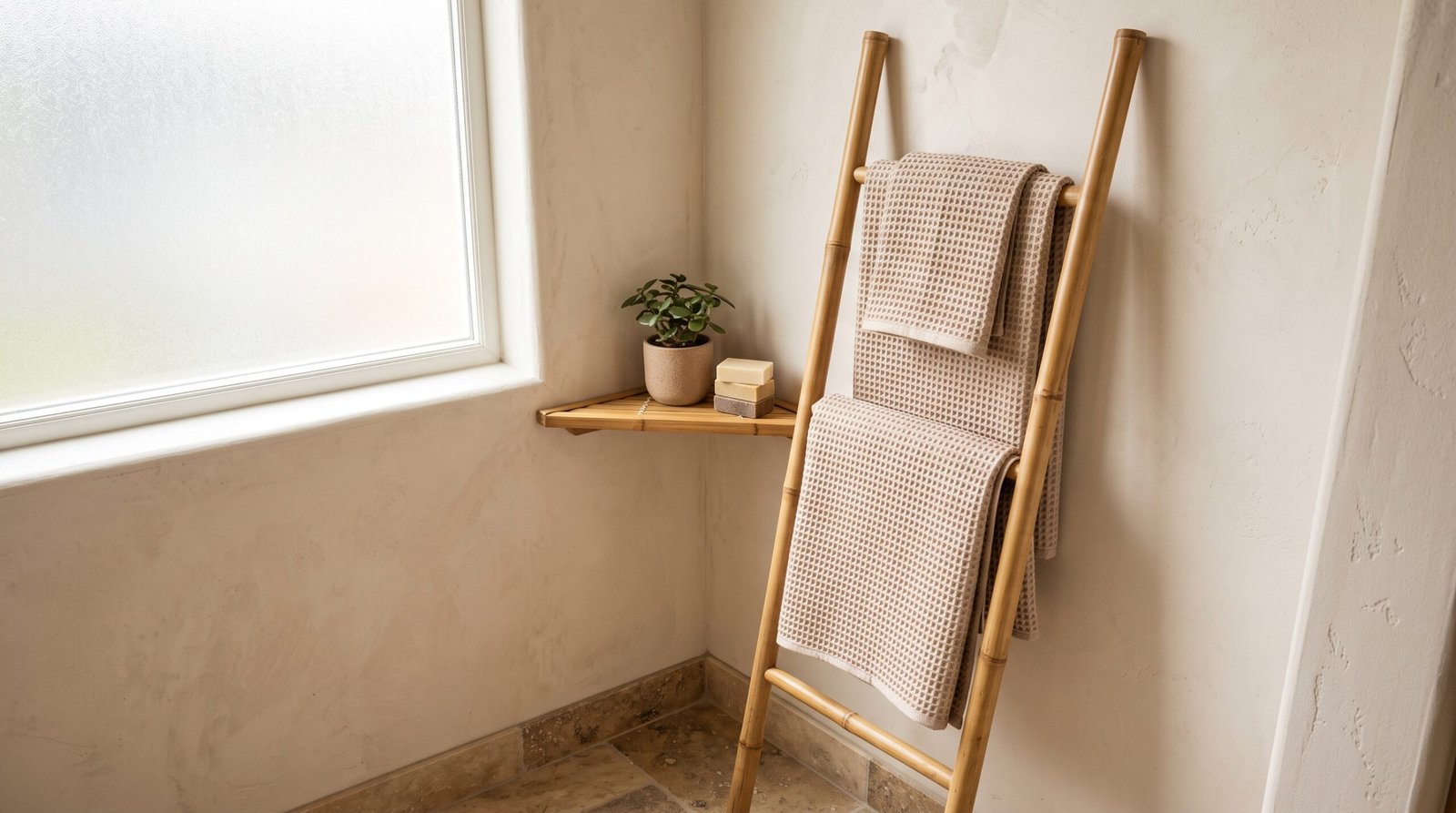 bamboo towel ladder lean against wall small bathroom