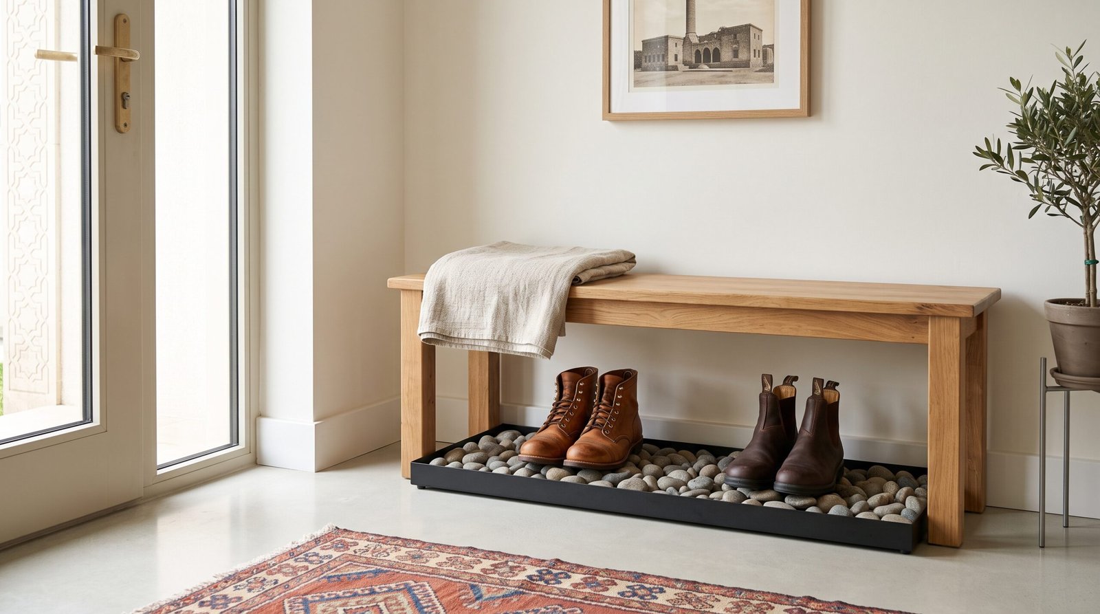 matte black metal boot tray with river stones under entryway bench
