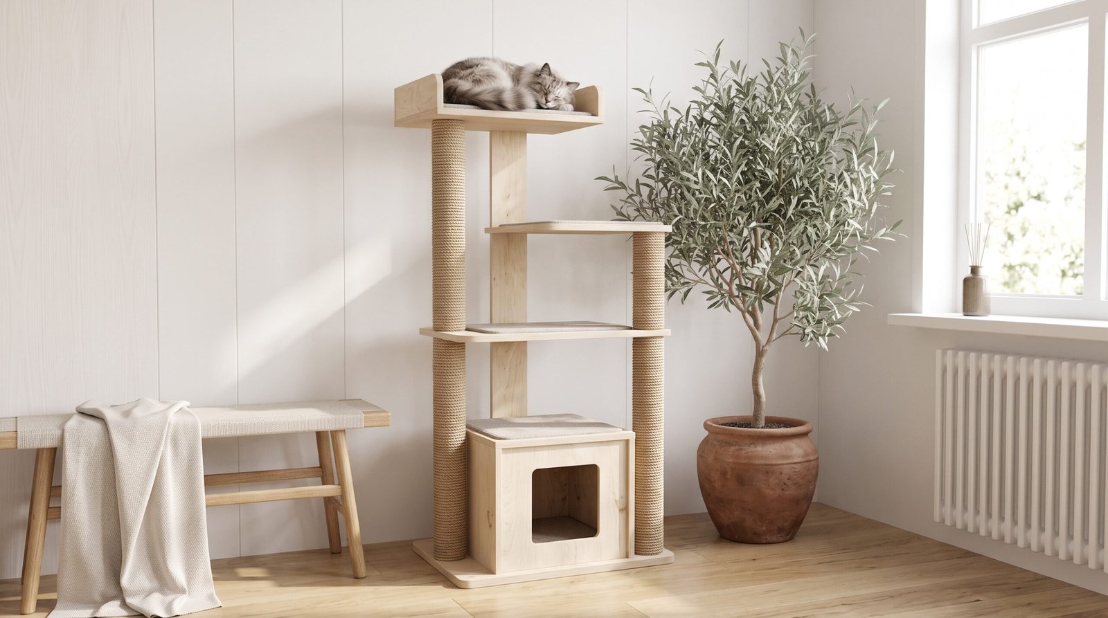 modern birch wood cat tree tower with sisal rope scratching posts