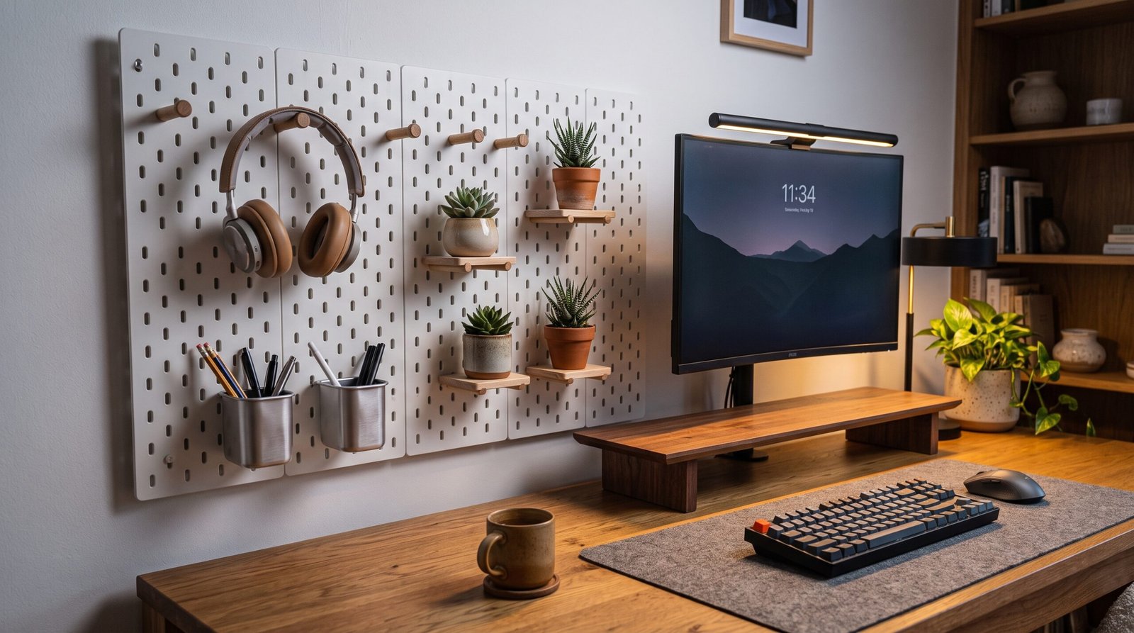 minimalist wooden pegboard wall organizer modern home office