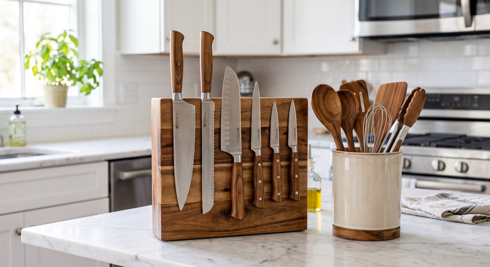 magnetic acacia wood knife block and kitchen utensil caddy combo