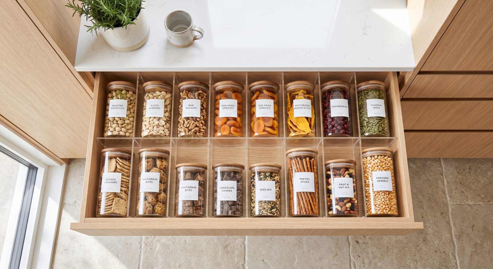 Airtight food storage containers for kitchen pantry drawer