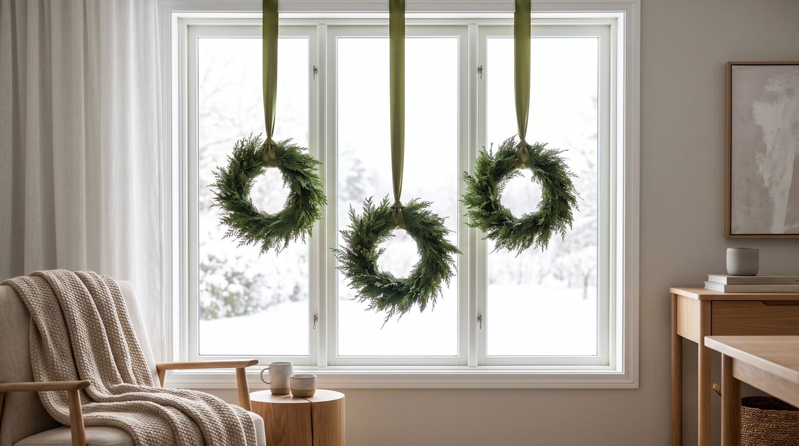 Small cedar wreaths suspended in living room window with olive satin ribbons