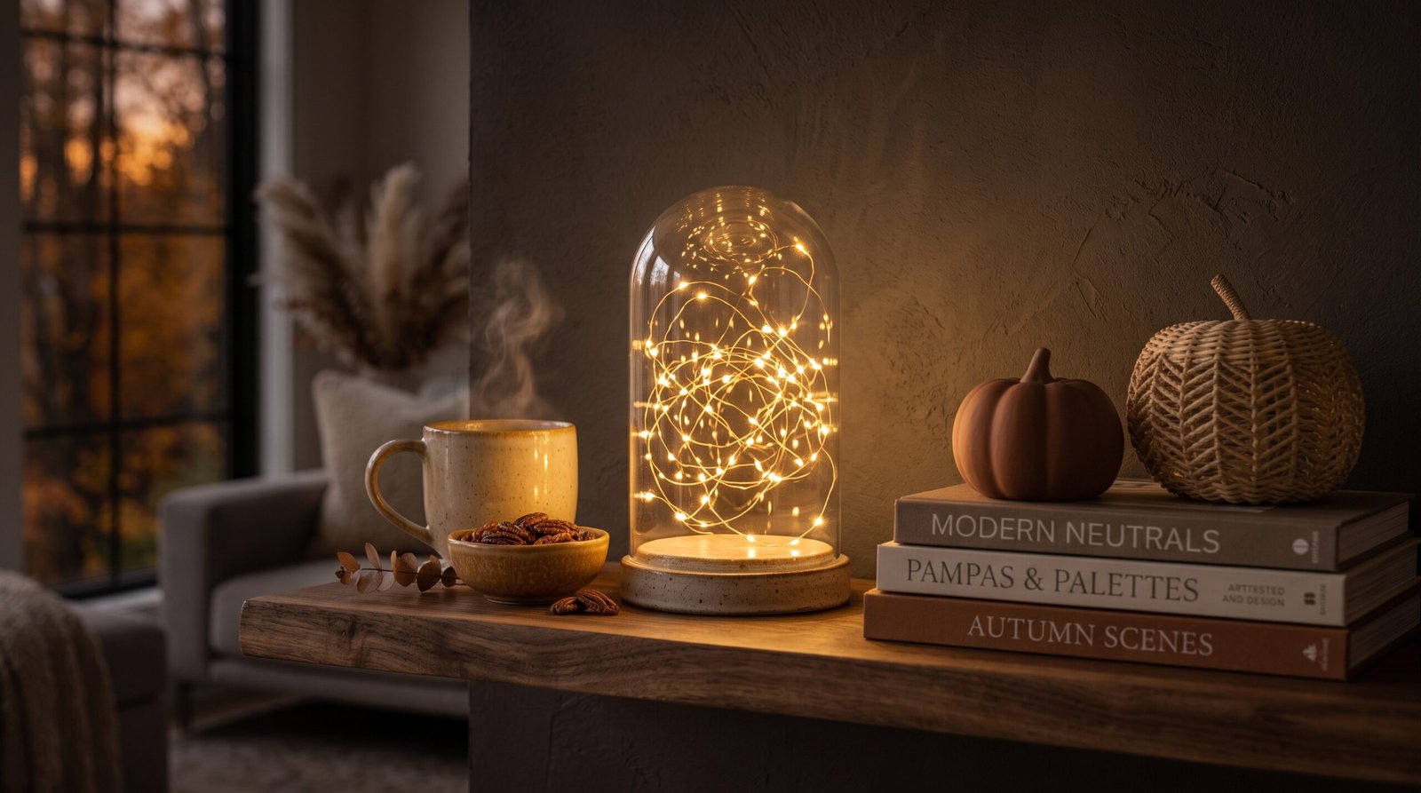 Warm glowing fairy lights in glass bell cloche dome cozy fall decor