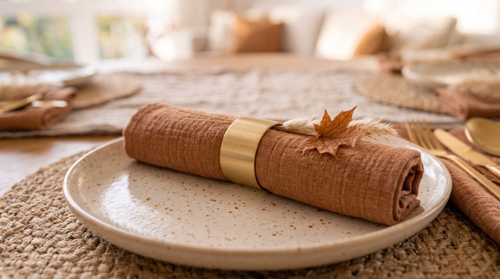 Modern brushed brass napkin rings with rolled linen napkins on fall dining table