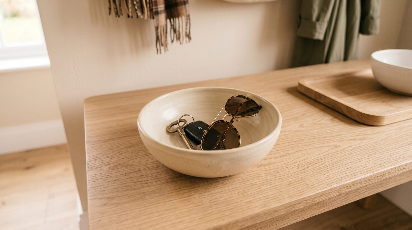 Small decorative ceramic catchall bowl holding keys and sunglasses on entryway console table