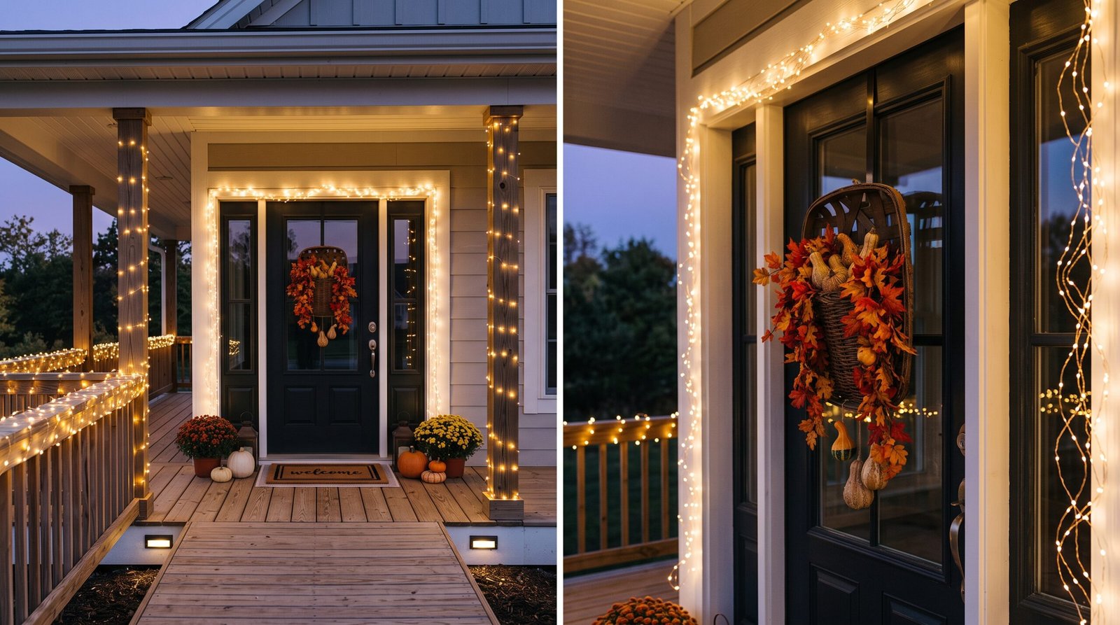 Warm white solar fairy string lights wrapped on small front porch railing at dusk