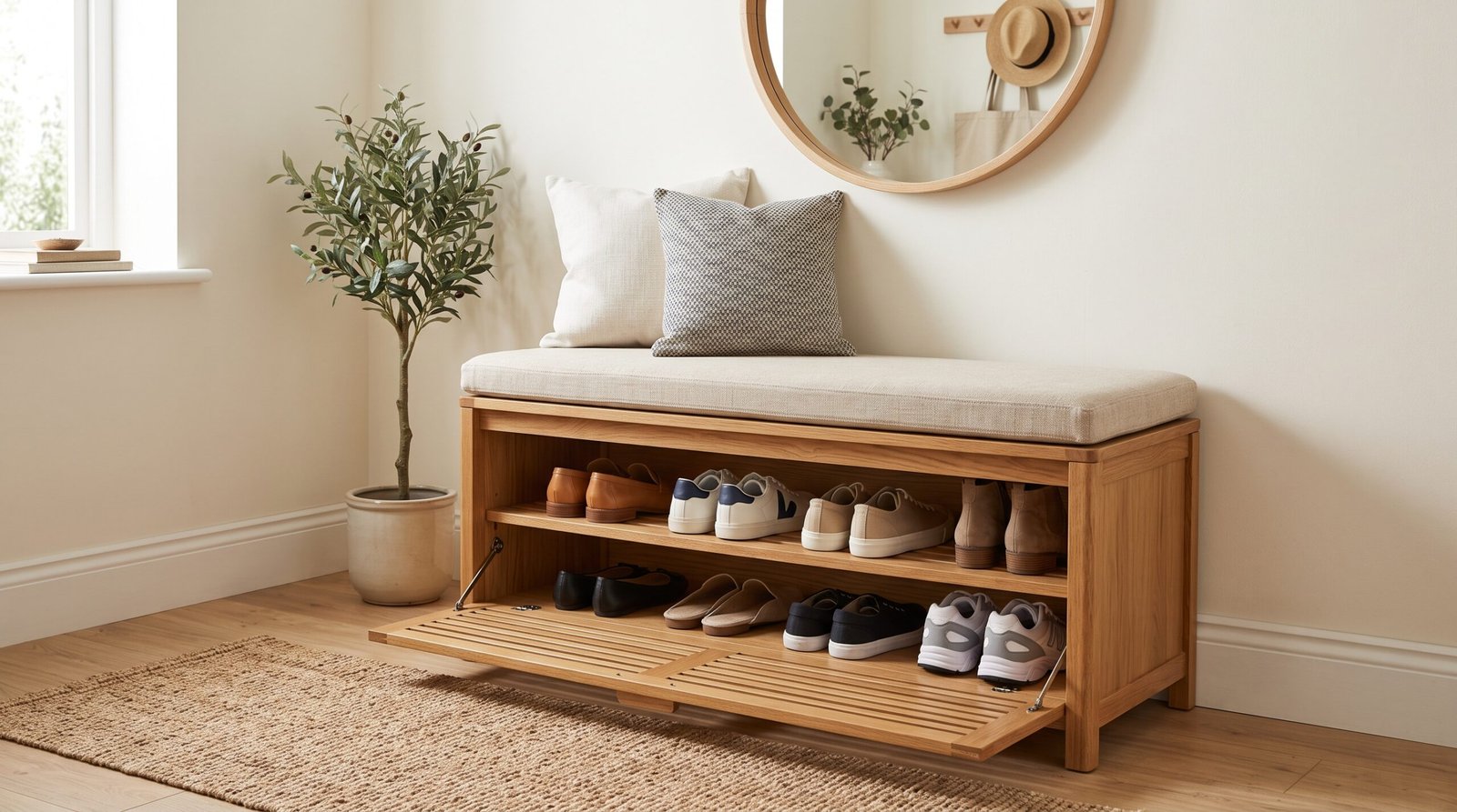 Compact wooden entryway bench with shoe storage shelves and upholstered cushion seat