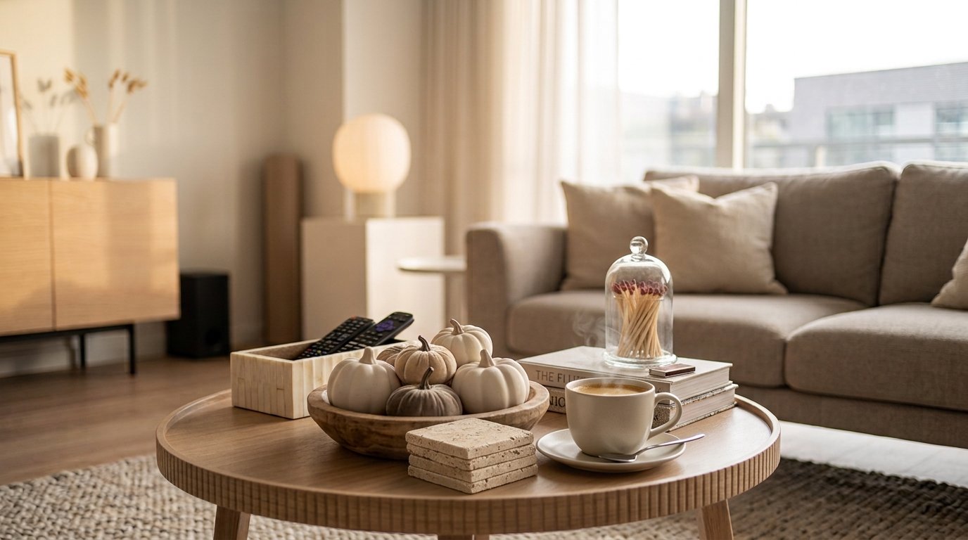 Stacked beige travertine stone drink coasters on styled modern fall coffee table