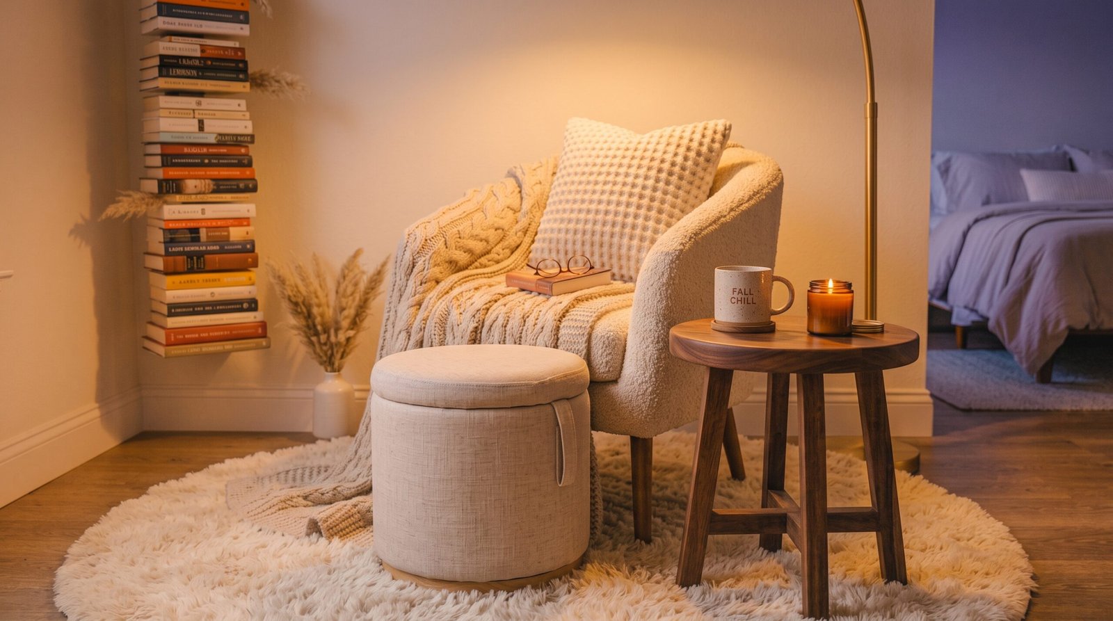 Fluffy cream round high-pile area rug under cozy reading corner armchair