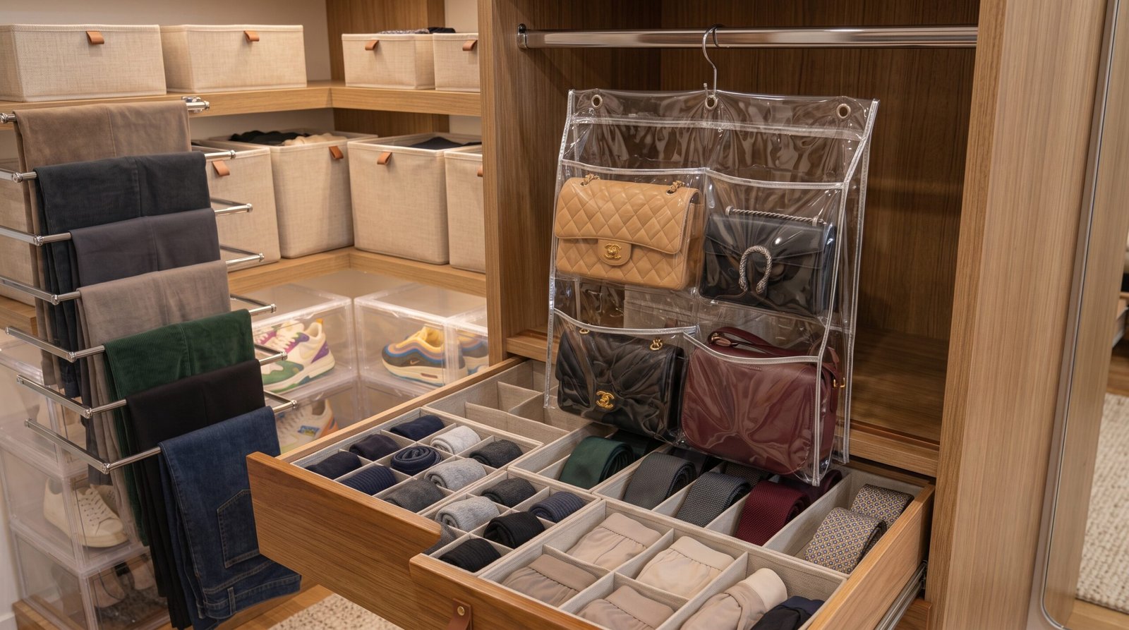 Hanging handbag organizer clear pockets as closet organization essentials
