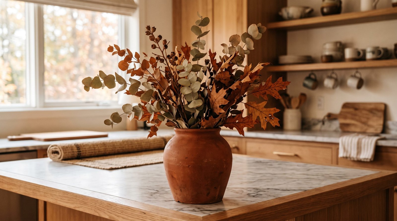 Terracotta vase with dried autumn eucalyptus for fall kitchen countertop styling ideas