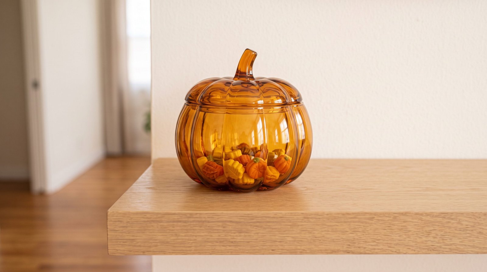 Amber glass pumpkin jar on side table for pumpkin and plaid living room decor ideas