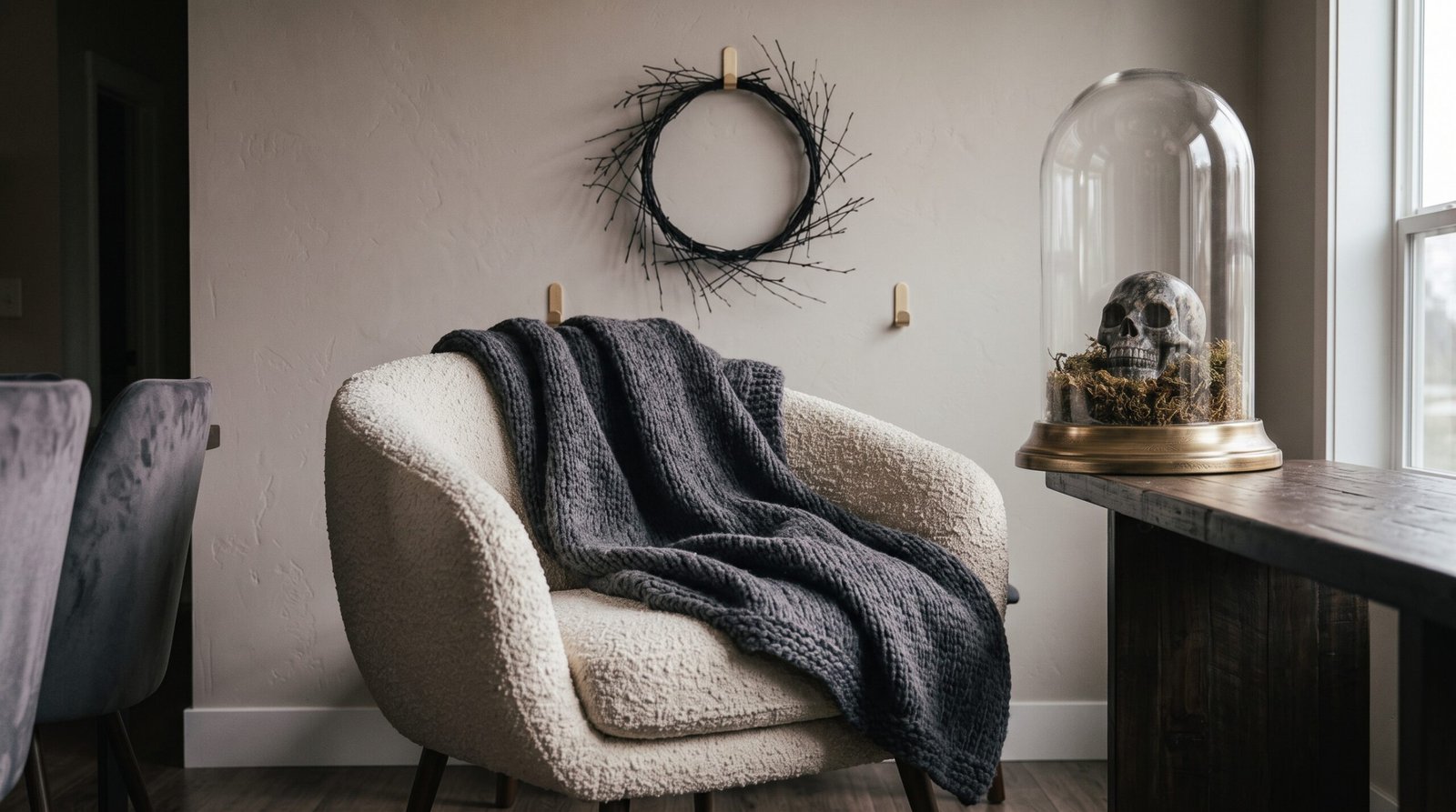 Charcoal throw blanket draped on chair for classy halloween decor ideas