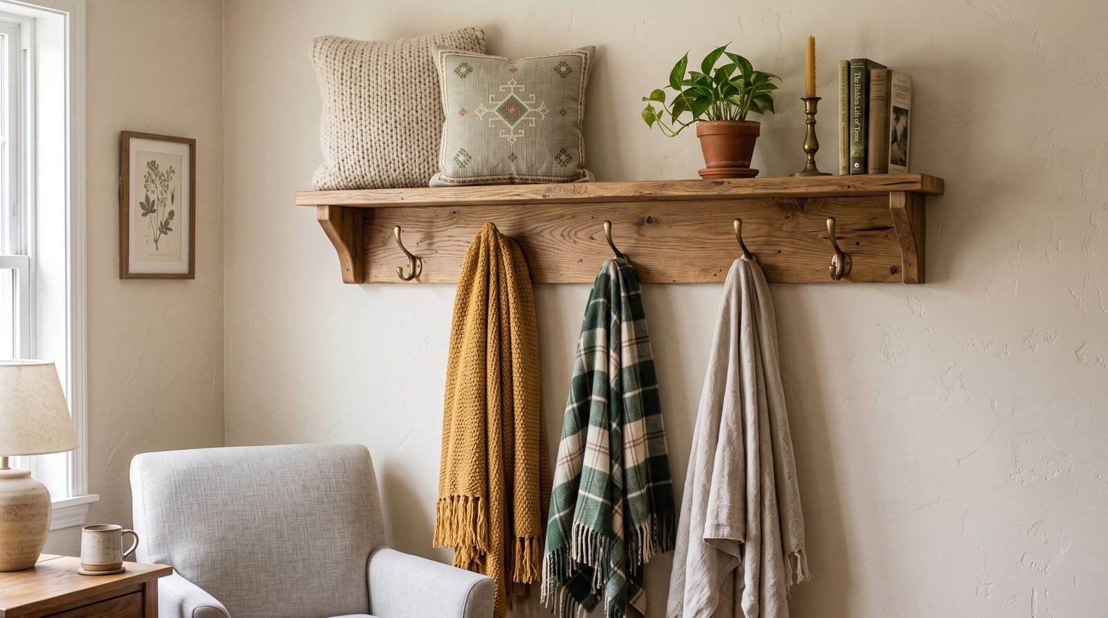 Wall mounted display shelf with brass hooks for blanket and throw pillow storage ideas