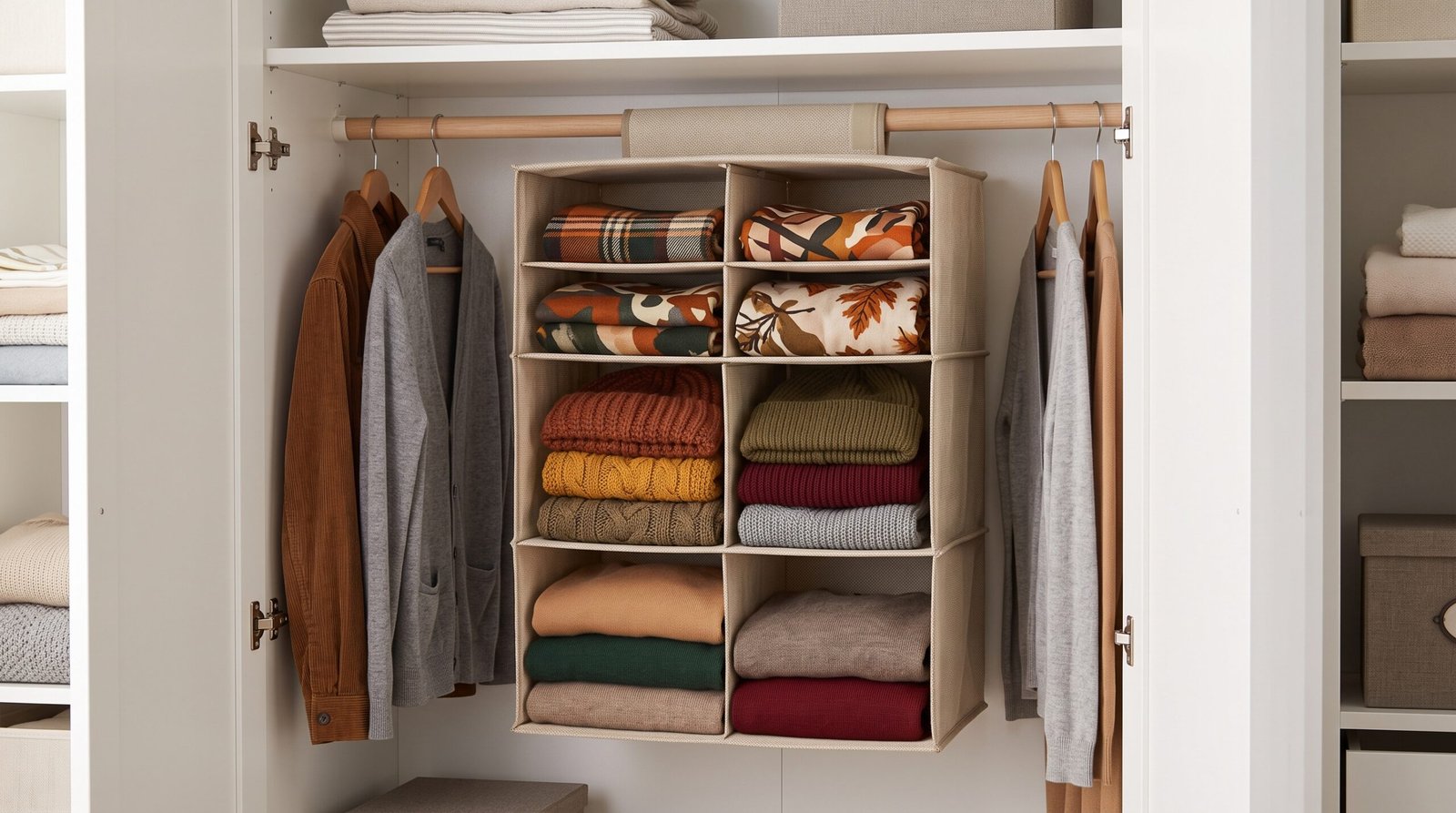 Hanging fabric closet organizer for transition your wardrobe from summer to fall