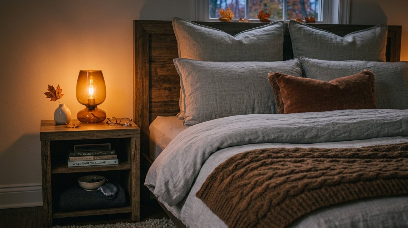 Warm dimmable bedside table lamp for cozy bedroom layering ideas