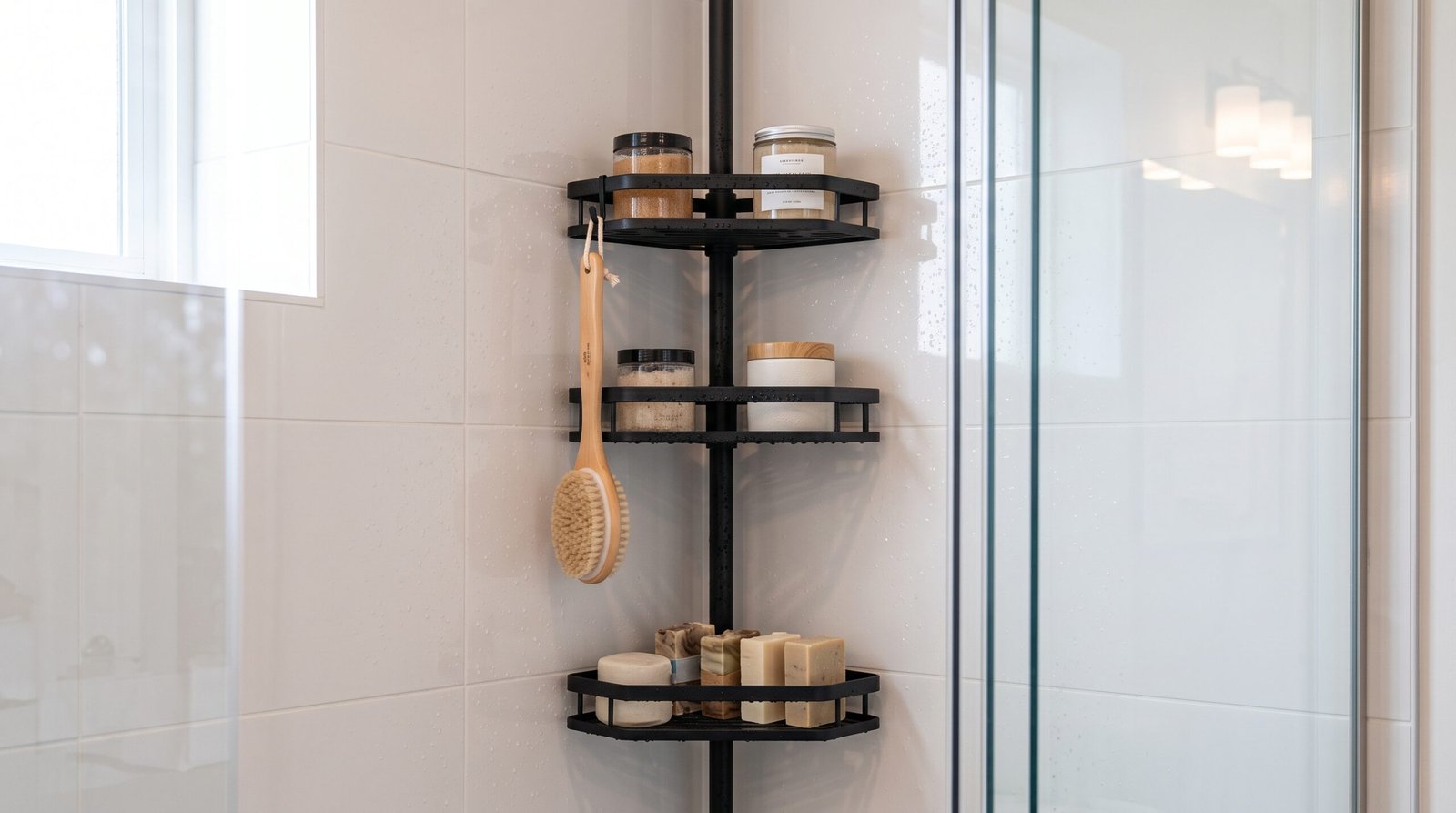 matte black tension pole corner shower caddy organizer)