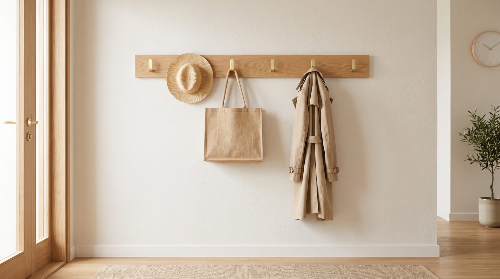 minimalist wooden wall hook rail with brass hooks entryway