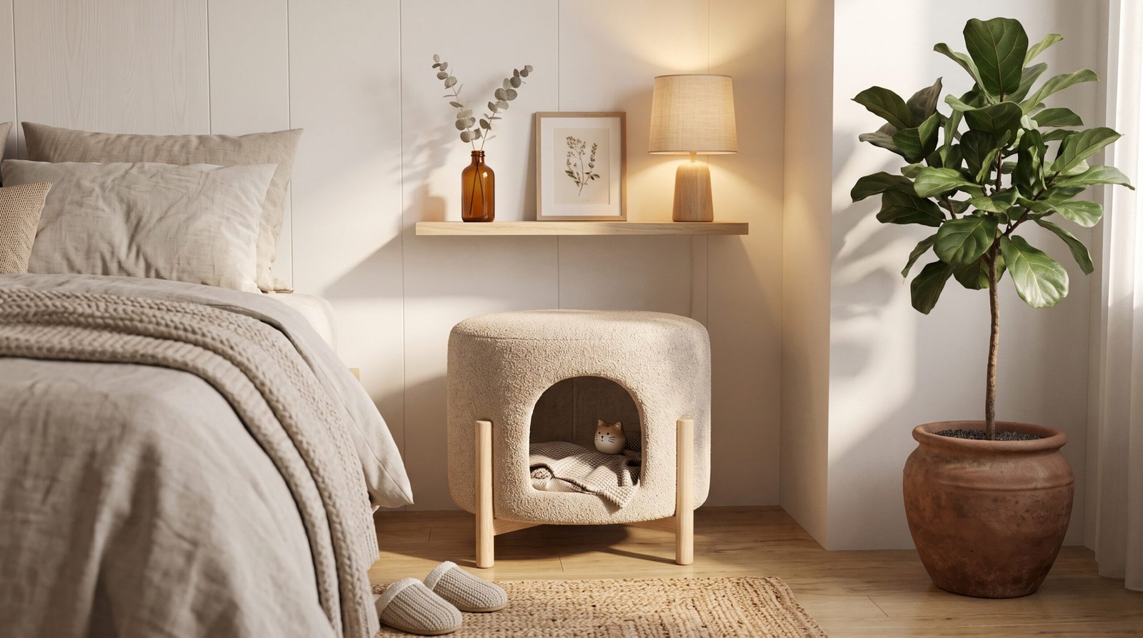 upholstered beige ottoman stool with hidden cat cave nook