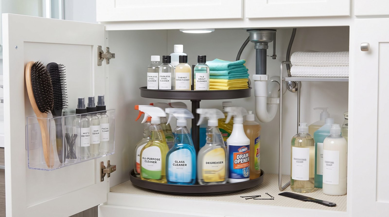 2 tier lazy susan turntable organizer for kitchen under sink cabinet