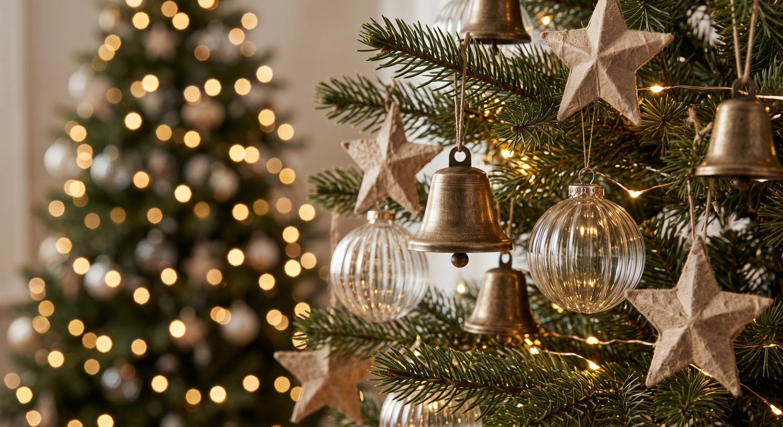 Vintage brass bells and 3D paper star ornaments on Christmas tree