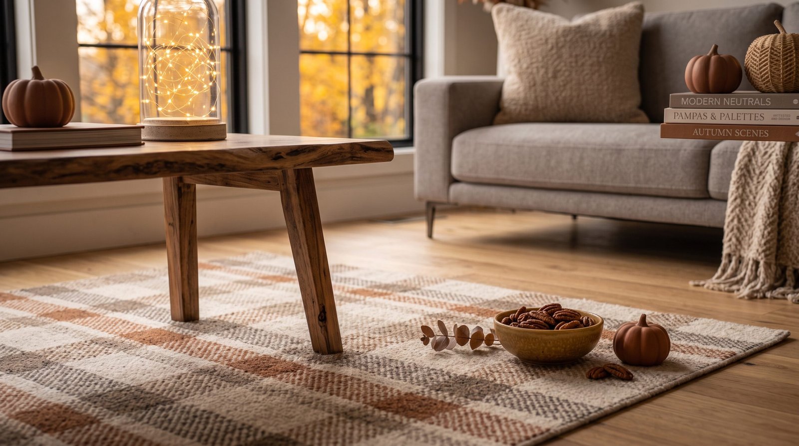 Neutral plaid accent rug for cozy fall living room floor styling
