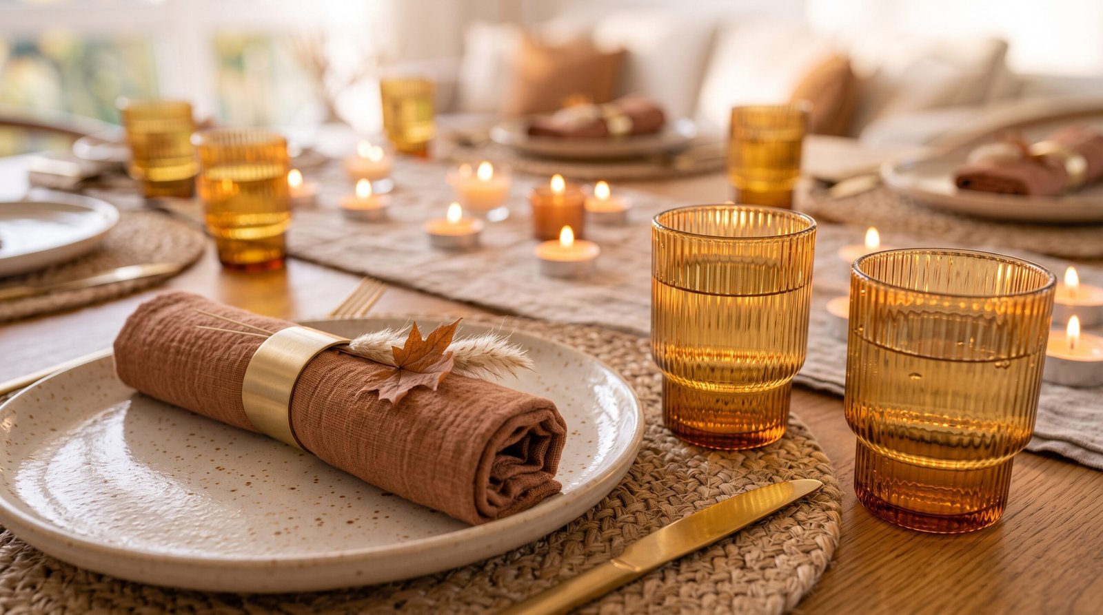 Vintage amber ribbed glassware tumblers on wooden fall dining table