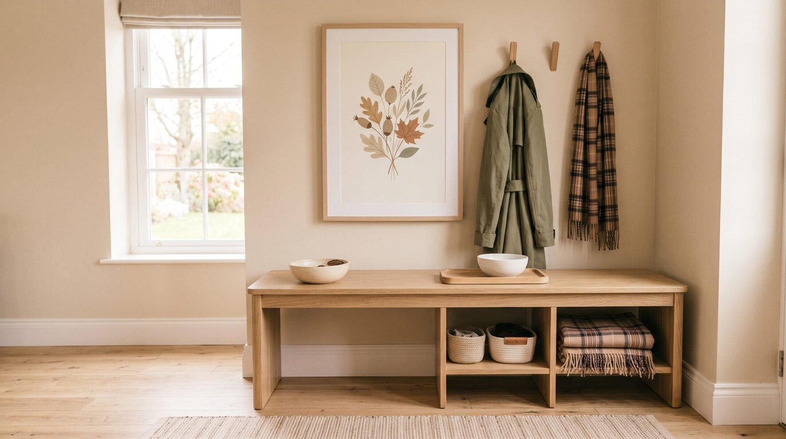 Framed neutral botanical fall wall art print hanging above entryway bench