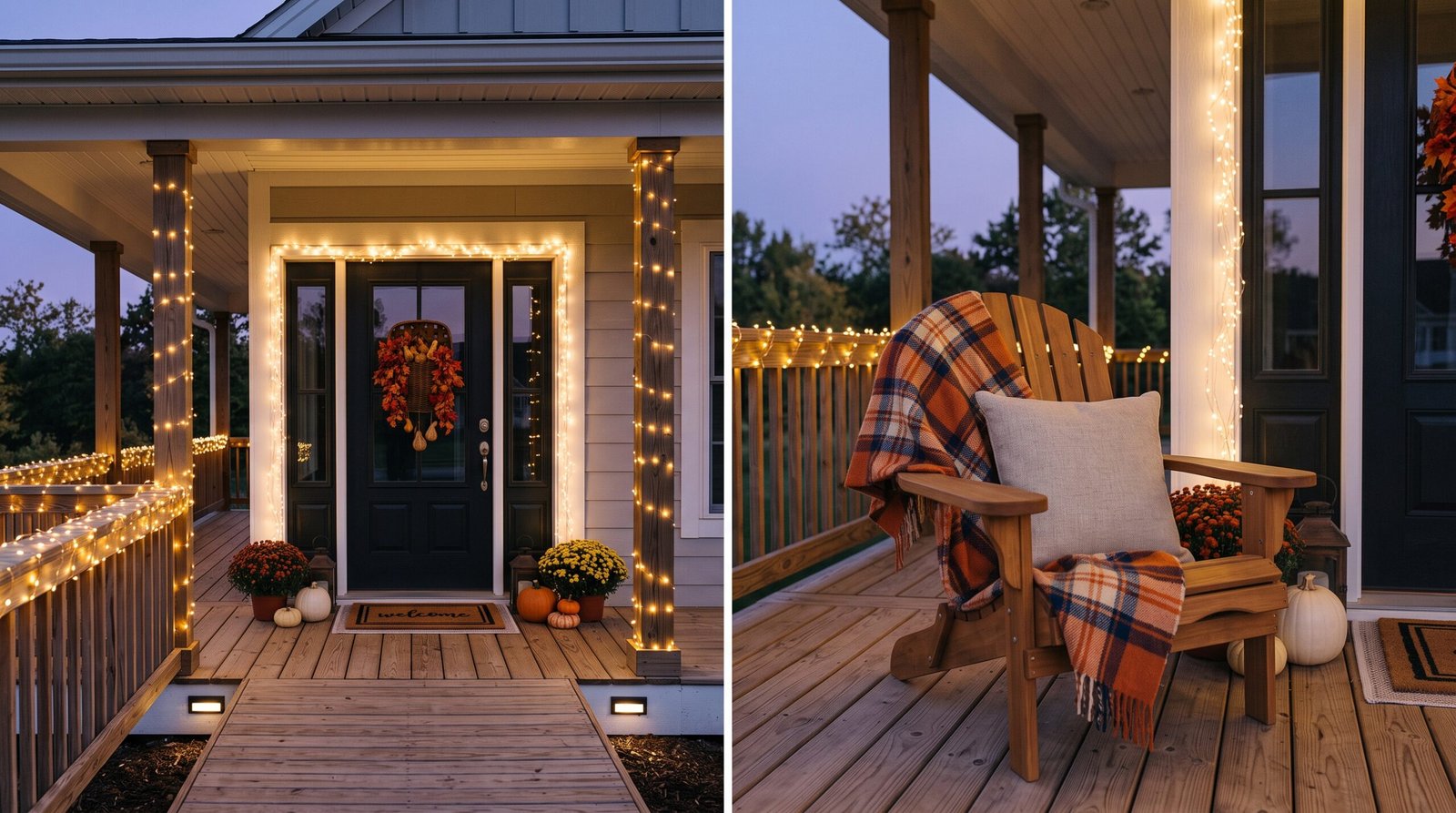 Cozy small front porch chair styled with orange plaid throw blanket and accent pillow