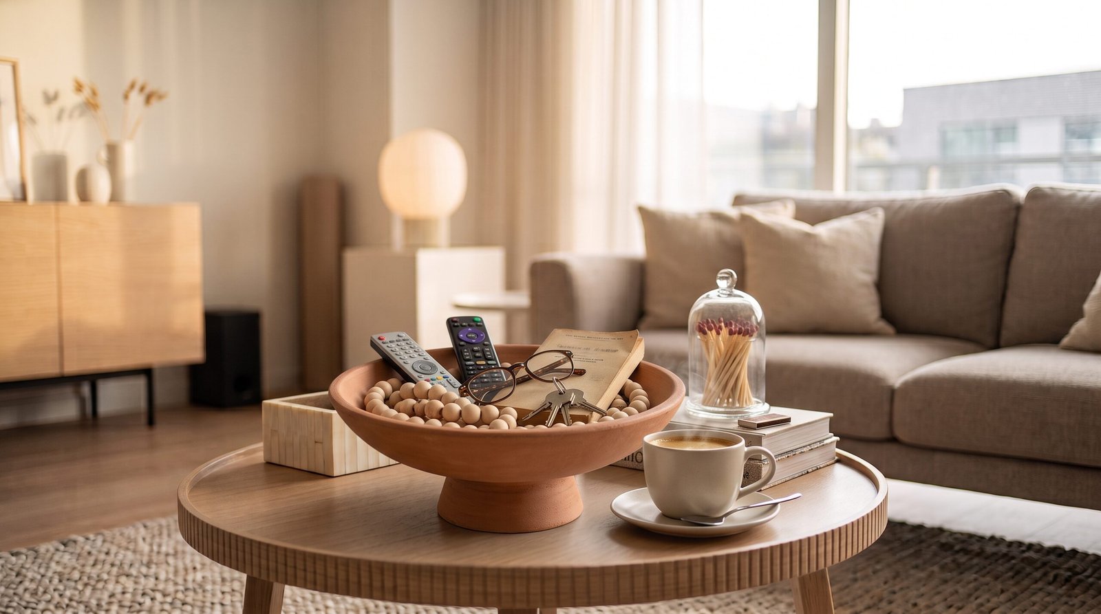 Textured terracotta footed catchall bowl on modern coffee table with decorative beads