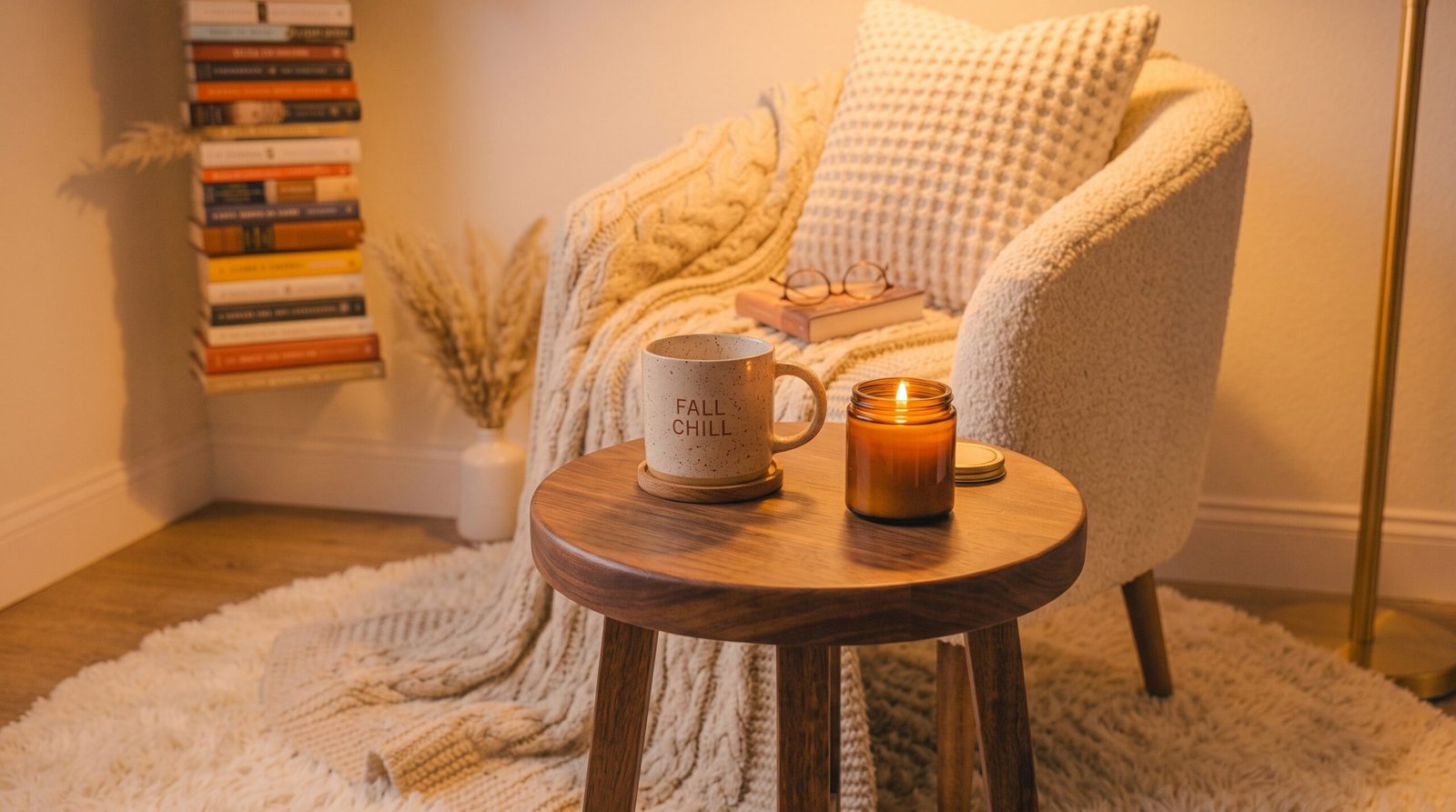 Smart coffee mug warmer with ceramic cup and amber glass candle on reading nook table