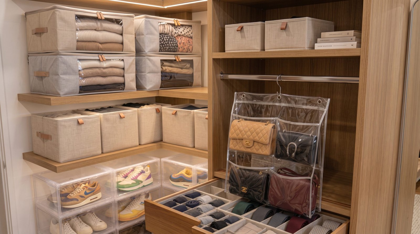 Foldable clothing storage bags with clear windows as closet organization essentials