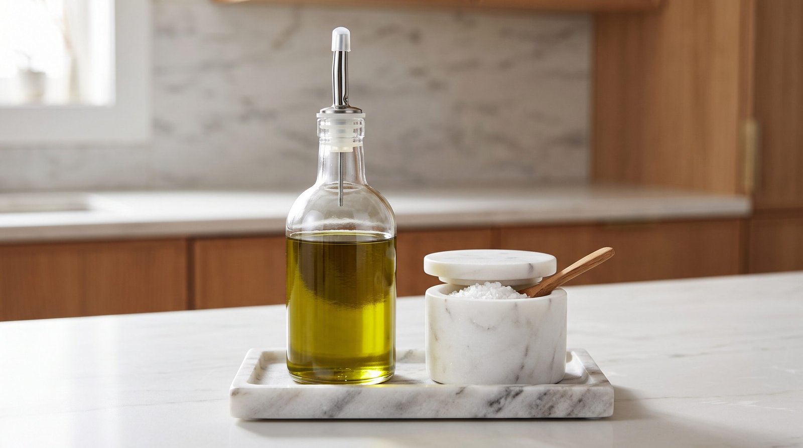 Glass olive oil dispenser bottle and marble salt cellar for fall kitchen countertop styling ideas