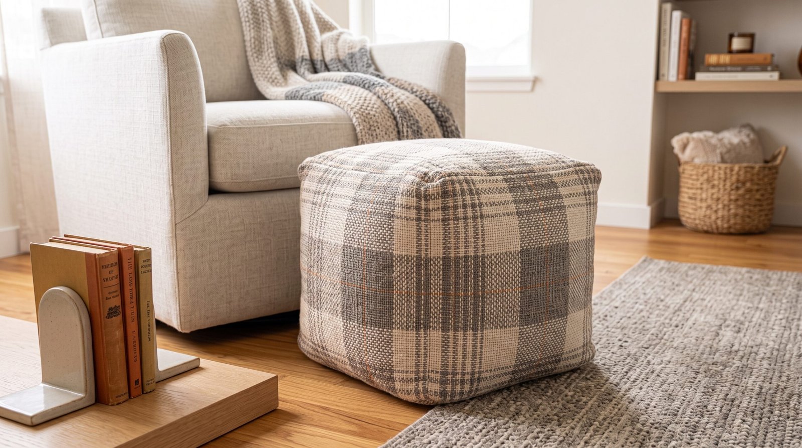 Neutral plaid floor pouf beside armchair for pumpkin and plaid living room decor ideas
