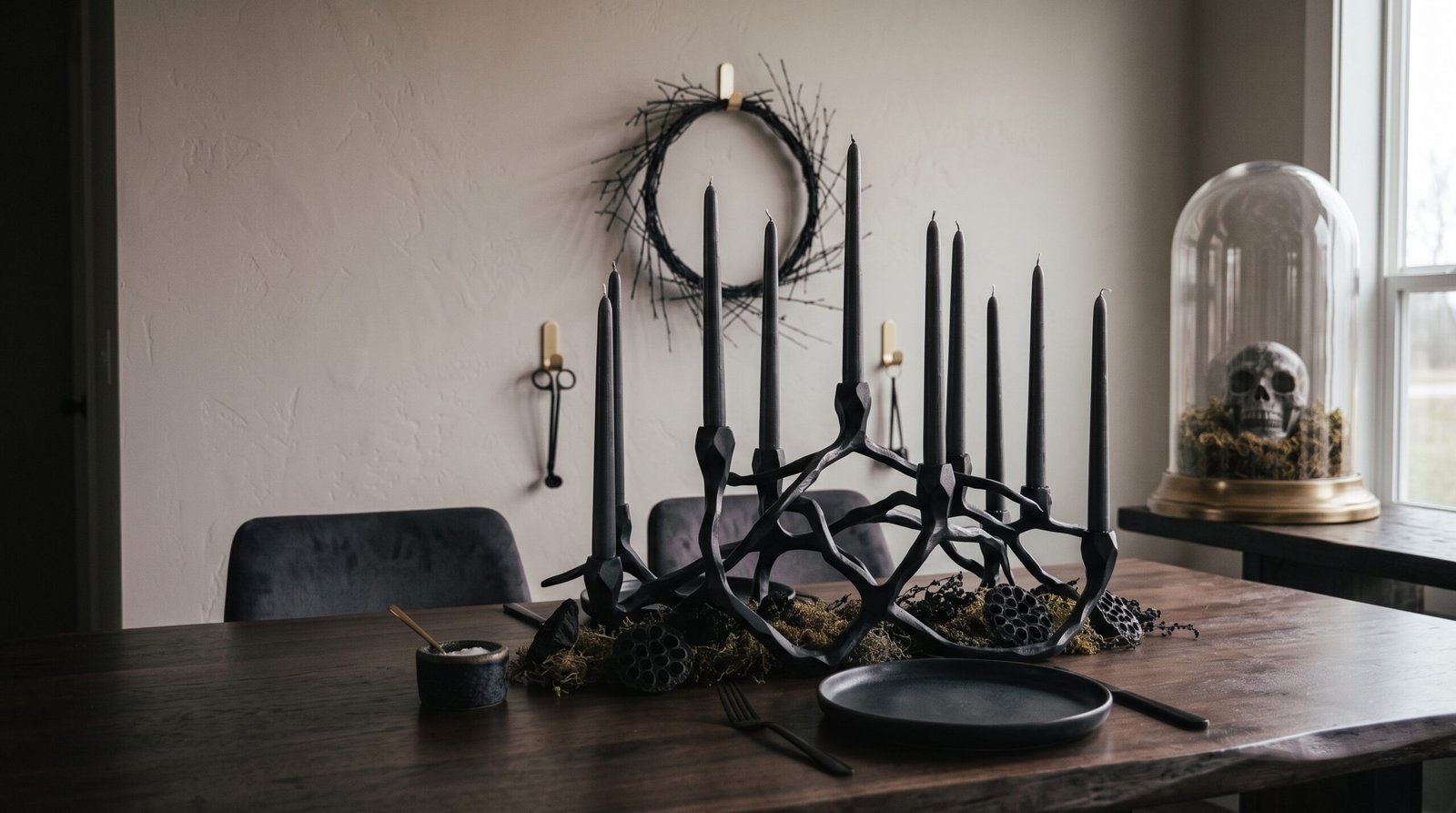 Black metal candelabra centerpiece on dining table for classy halloween decor ideas