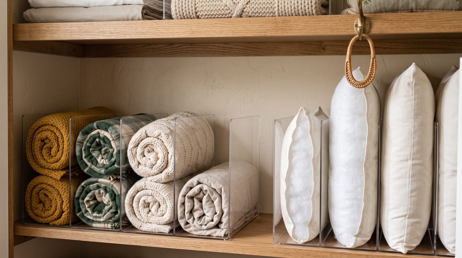 Clear acrylic shelf dividers for blanket and throw pillow storage ideas