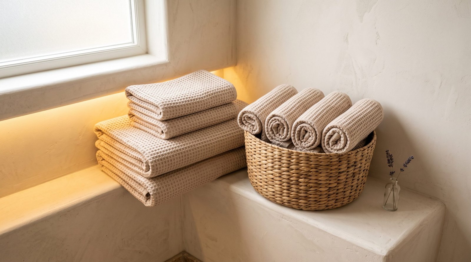 aesthetic waffle weave bath towels rolled in natural basket