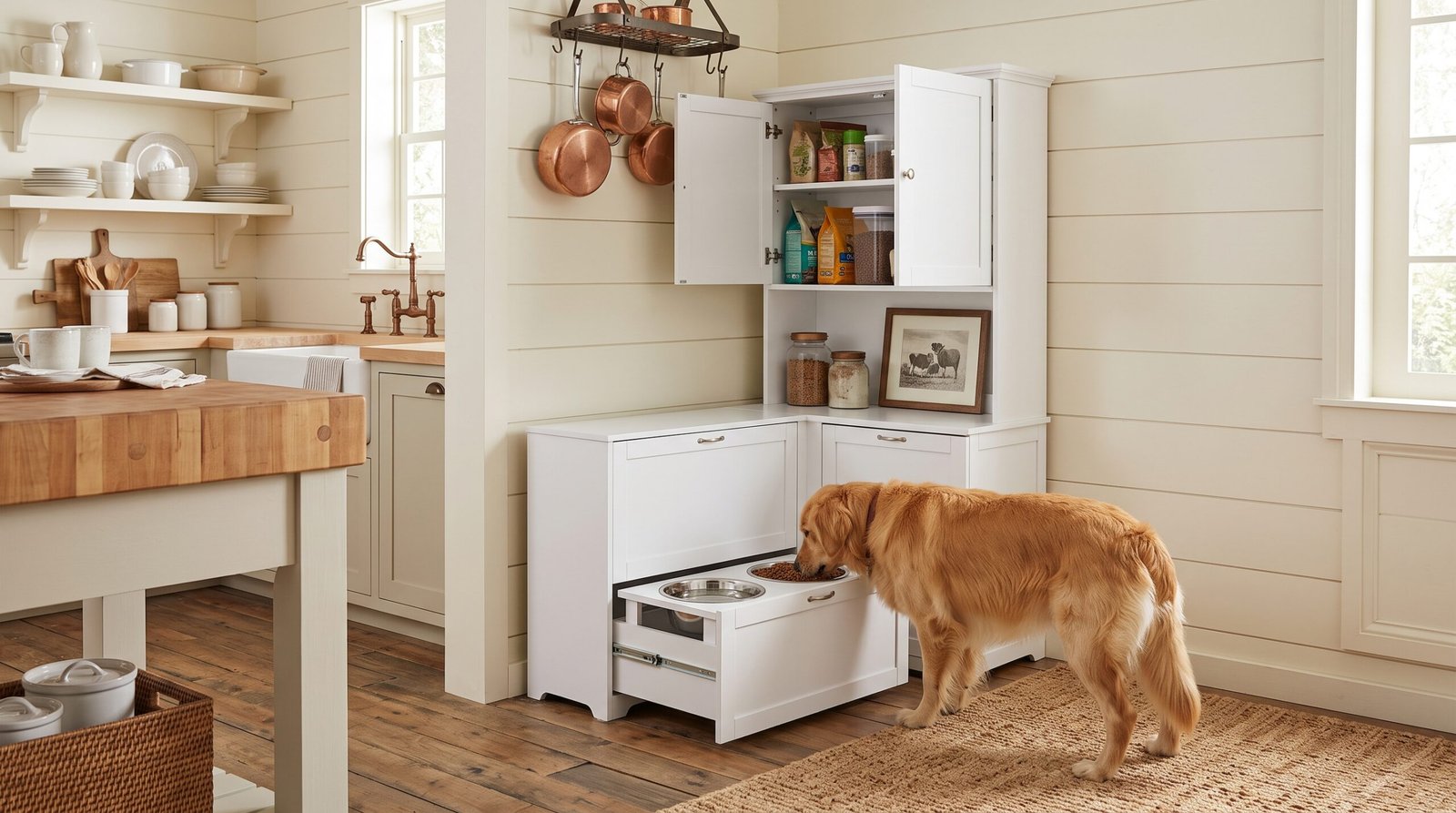 white wooden pet feeding station with pull out food bowls and cabinet