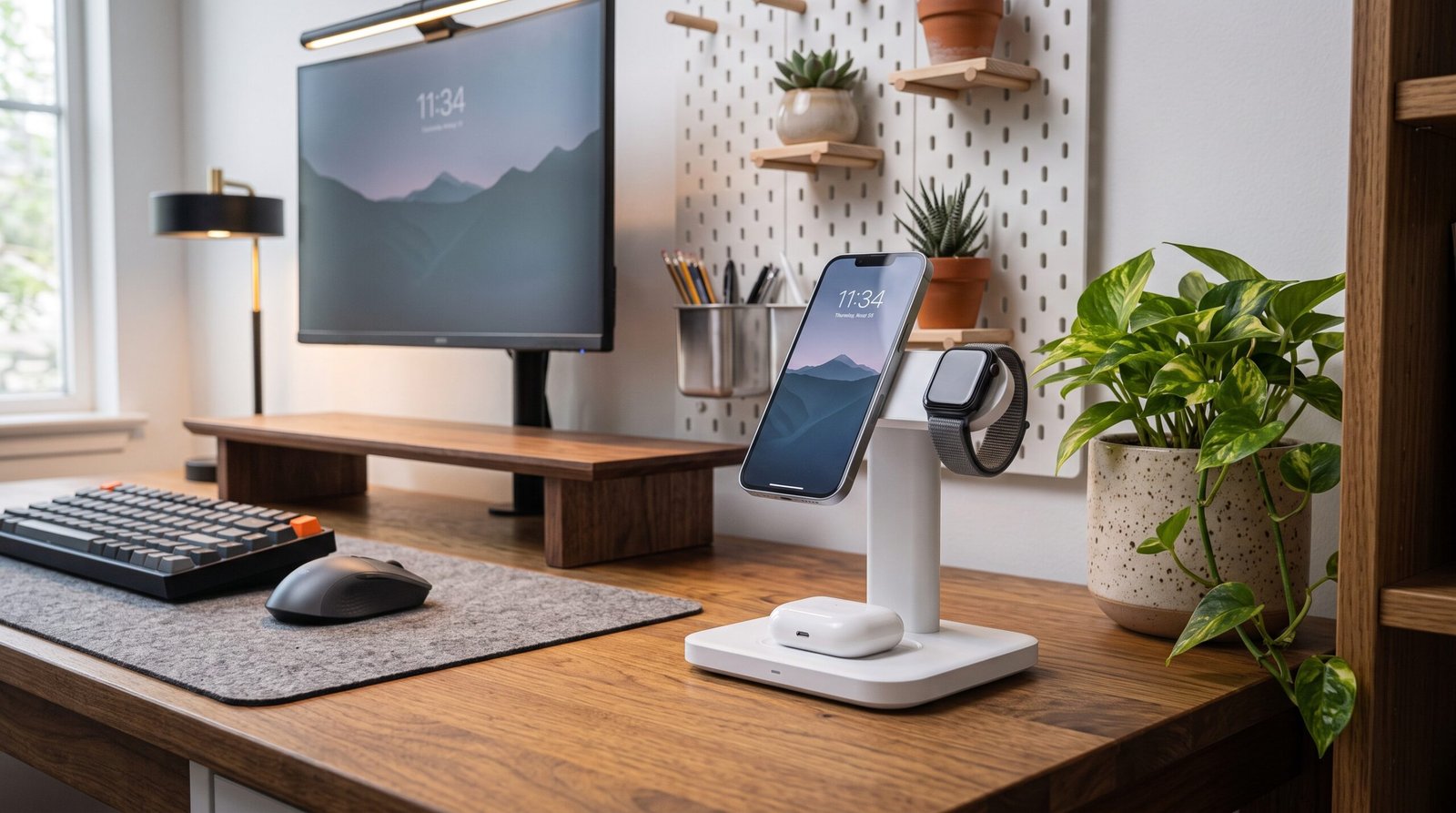 matte white 3 in 1 magnetic wireless charging stand modern desk