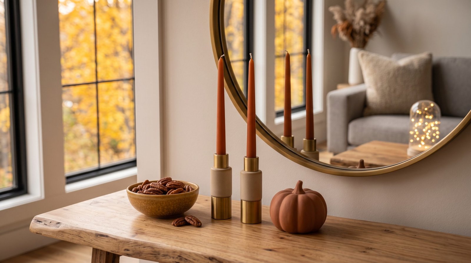 Modern matte brass and ceramic taper candle holders with fall colored candles