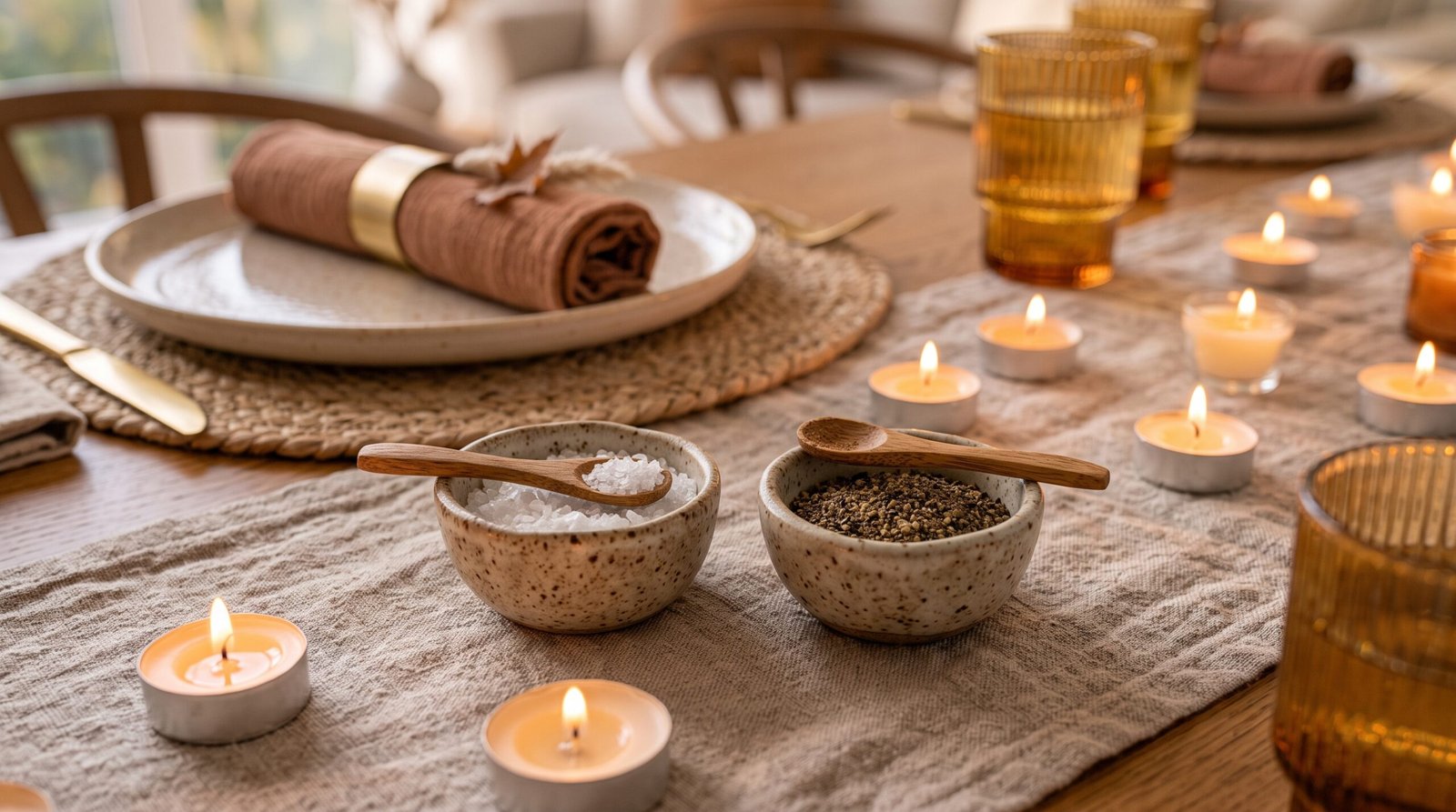 Minimalist ceramic salt and pepper pinch bowls with wooden spoons on fall table