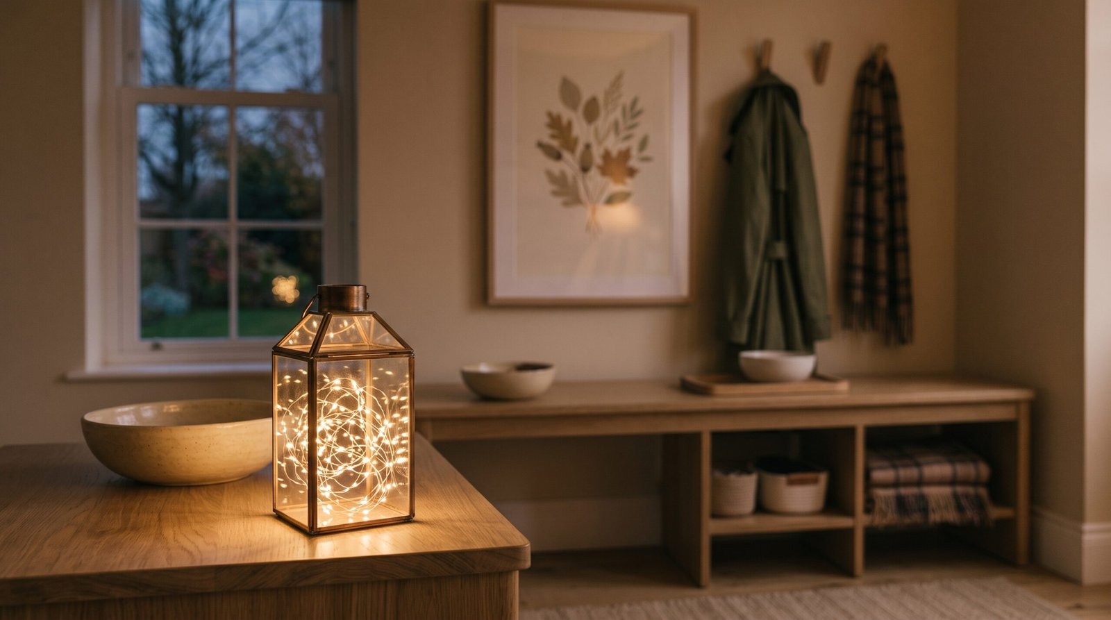 Small glass cloche lantern with warm fairy lights glowing on entryway console table