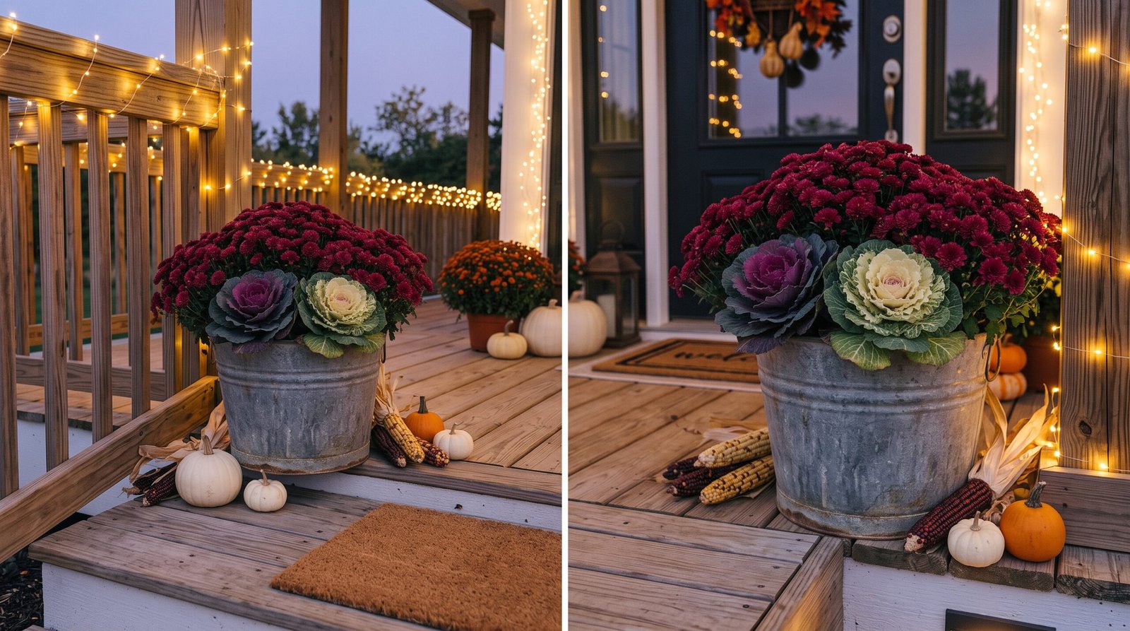 Rustic galvanized metal bucket planter with burgundy fall mums on porch step